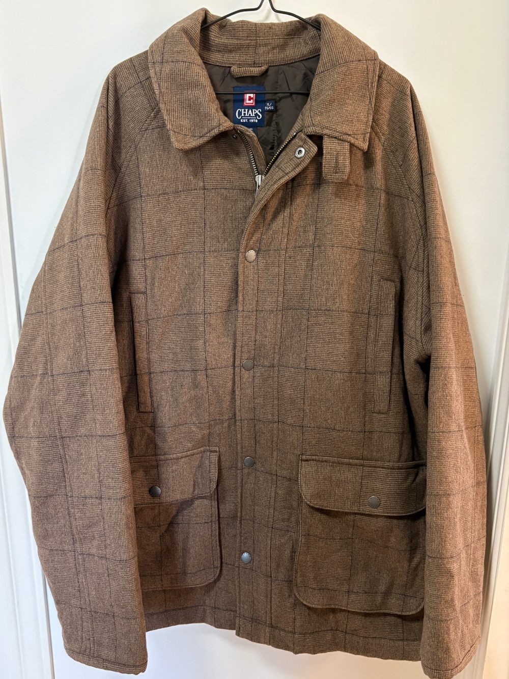 Chaps brown Wool Blend Zip Up Jacket Window Pane Pattern Collar XL Ralph Lauren